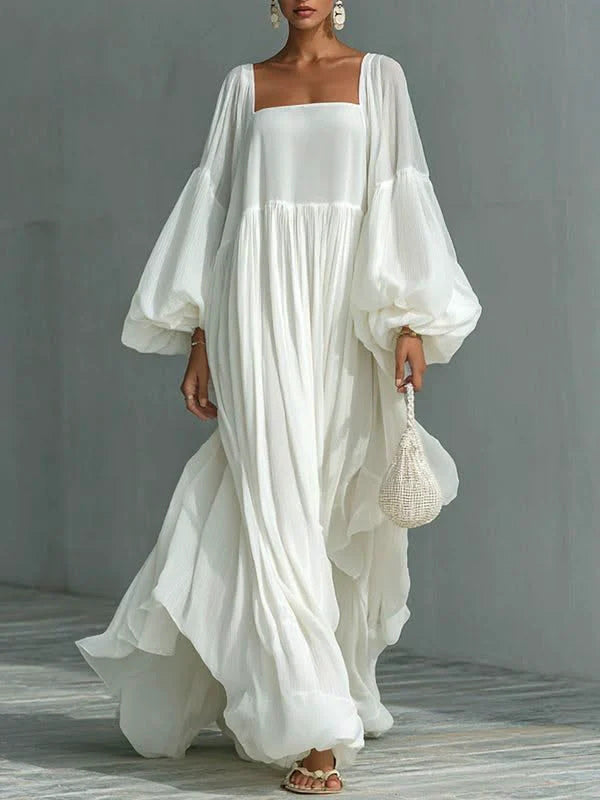 Square-Neck Puff-Sleeve Maxi Dress