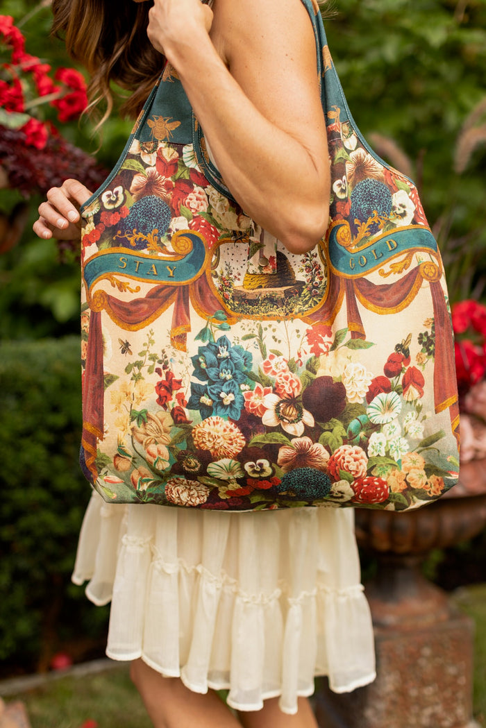 Stay Gold Market Tote featuring a vibrant vintage-inspired wildflower collage with bunny rabbits and bumblebees in a sturdy cotton canvas design – Market of Stars