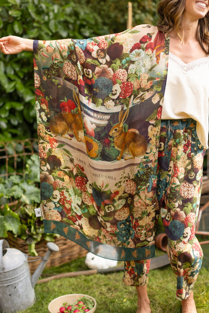 Stay Gold Scarf with collaged wildflowers and golden tones inspired by vintage lithographs – Market of Stars