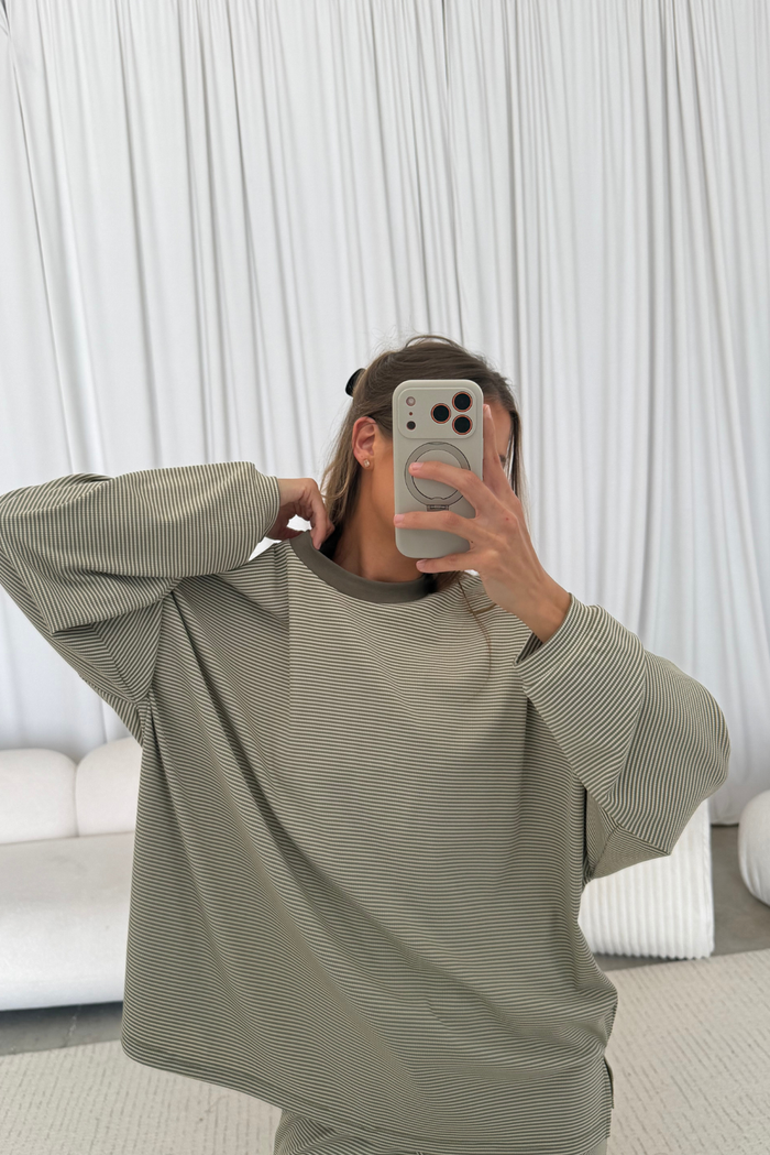 Stella Ribbed Striped Oversized Top in Sage