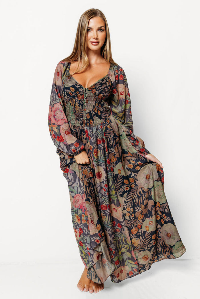 Steph Smocked Button-Front Maxi Dress in Midnight Floral