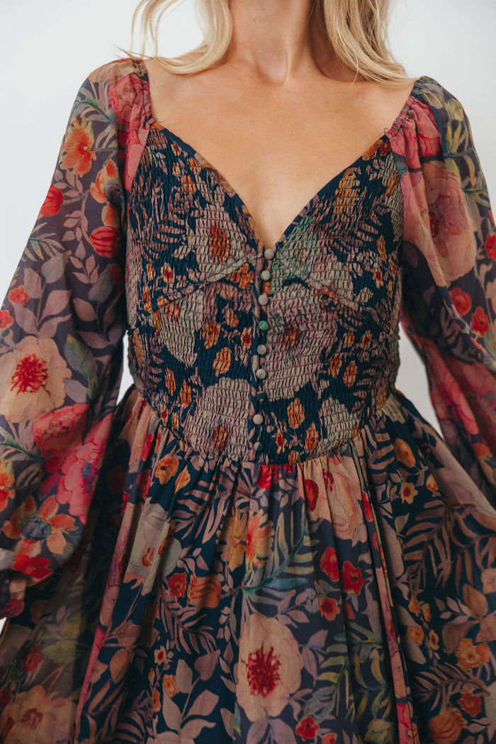 Steph Smocked Button-Front Maxi Dress in Midnight Floral
