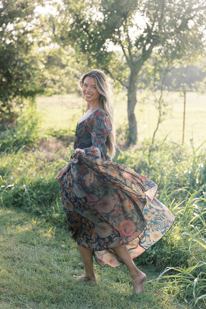 Steph Smocked Button-Front Maxi Dress in Midnight Floral
