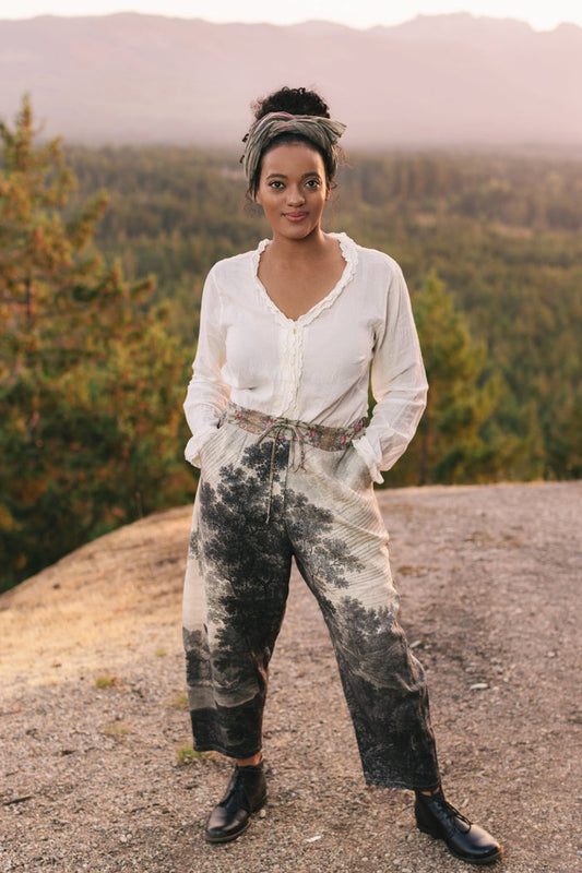 Linen Still I Rise Artist Pants with lantern hem, featuring antique landscape etchings in a rich, layered print celebrating resilience – Market of Stars