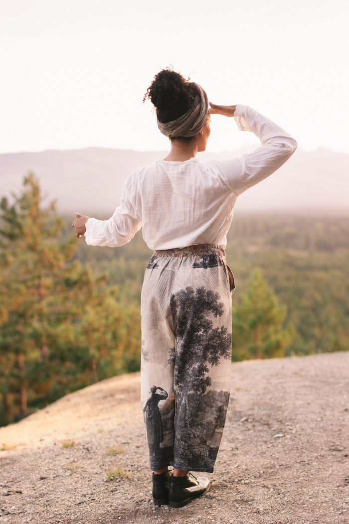 Linen Still I Rise Artist Pants with lantern hem, featuring antique landscape etchings in a rich, layered print celebrating resilience – Market of Stars