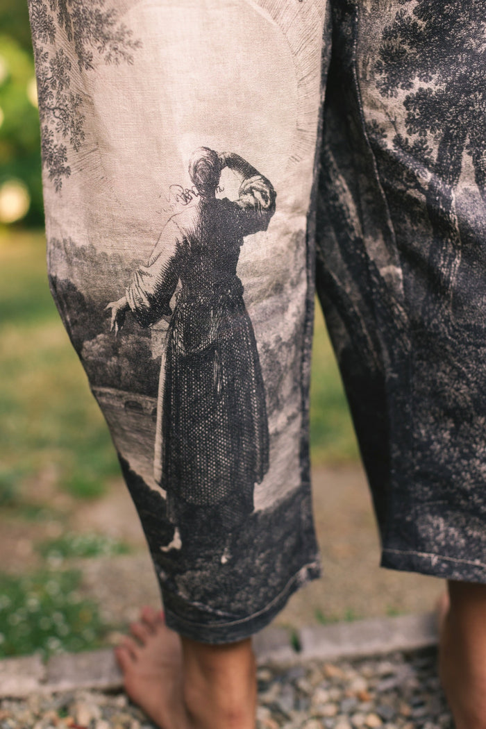 Linen Still I Rise Artist Pants with lantern hem, featuring antique landscape etchings in a rich, layered print celebrating resilience – Market of Stars