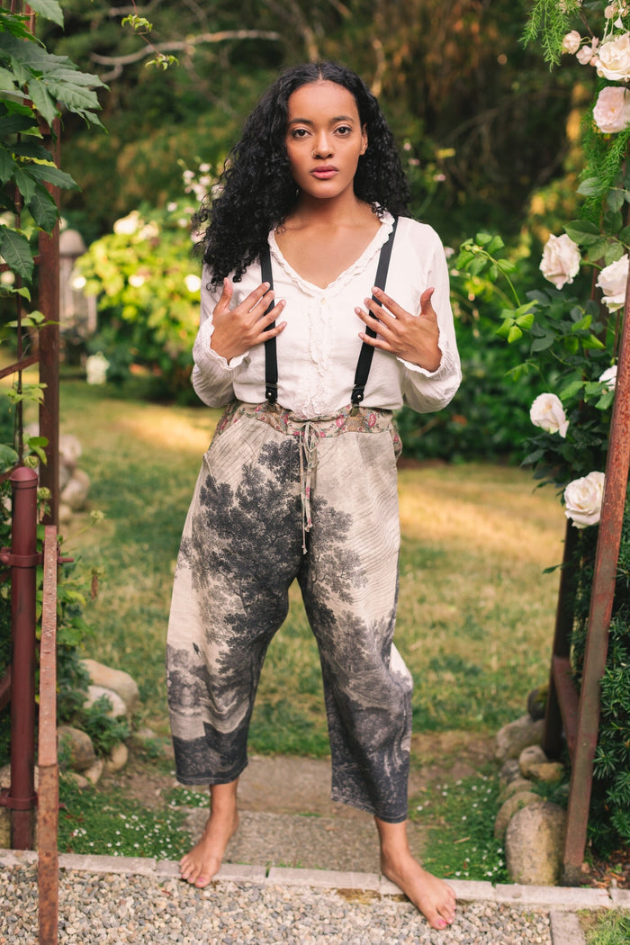 Linen Still I Rise Artist Pants with lantern hem, featuring antique landscape etchings in a rich, layered print celebrating resilience – Market of Stars
