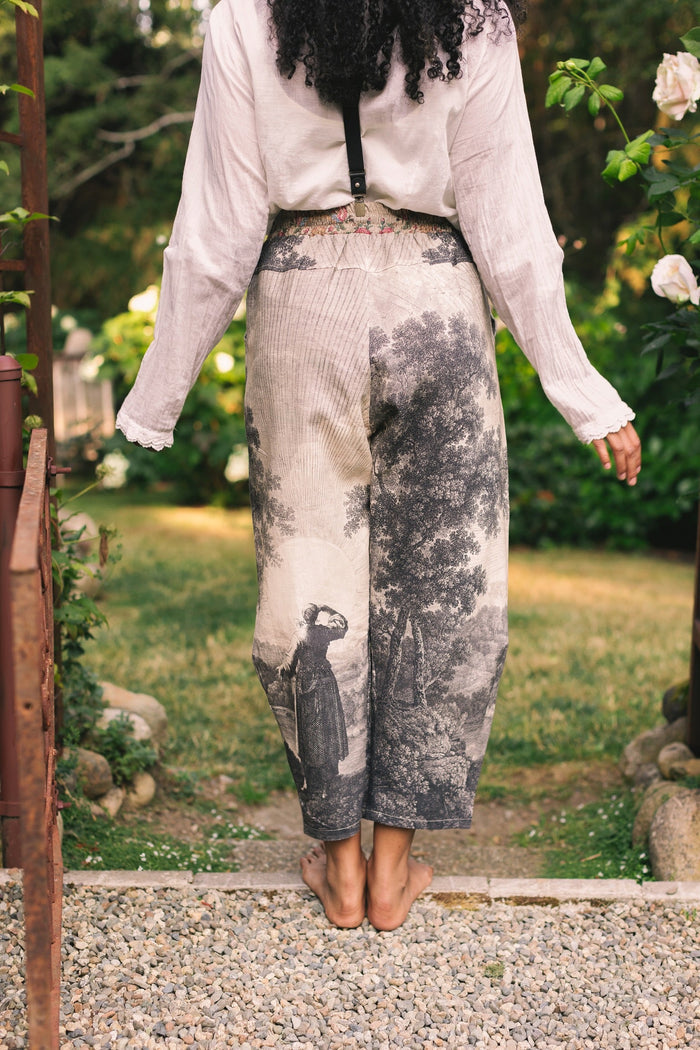 Linen Still I Rise Artist Pants with lantern hem, featuring antique landscape etchings in a rich, layered print celebrating resilience – Market of Stars