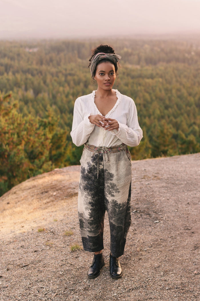 Linen Still I Rise Artist Pants with lantern hem, featuring antique landscape etchings in a rich, layered print celebrating resilience – Market of Stars
