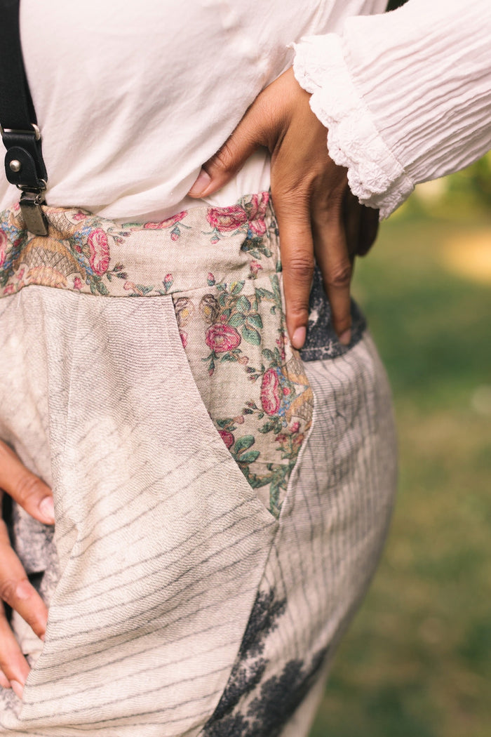 Linen Still I Rise Artist Pants with lantern hem, featuring antique landscape etchings in a rich, layered print celebrating resilience – Market of Stars