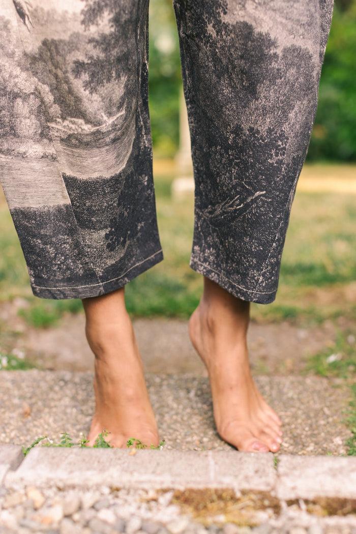 Linen Still I Rise Artist Pants with lantern hem, featuring antique landscape etchings in a rich, layered print celebrating resilience – Market of Stars