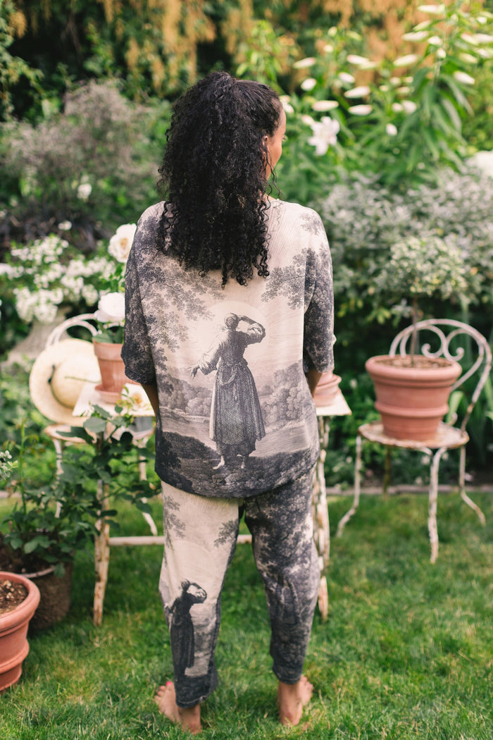 Linen Still I Rise Artist Pants with lantern hem, featuring antique landscape etchings in a rich, layered print celebrating resilience – Market of Stars
