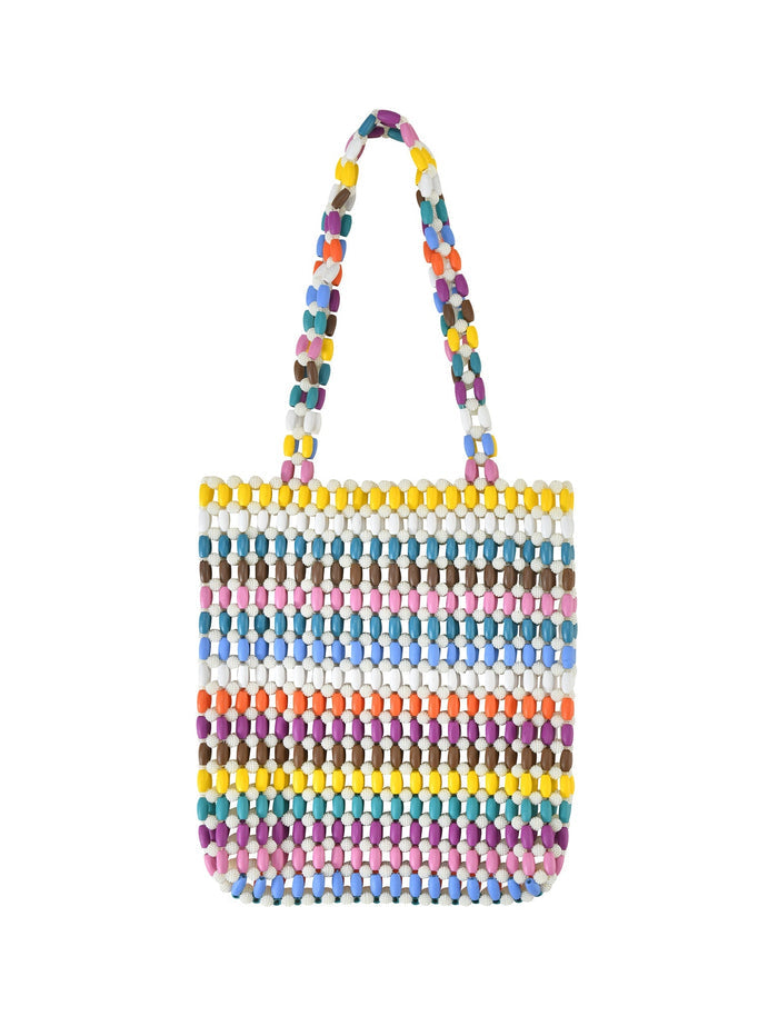 The STORMY BAG - STRIPE by TIGERMIST is a playful, colorful beaded handbag with rainbow-hued, horizontal stripes and a double handle of multicolored beads. It includes an optional shoulder strap for added style and convenience.