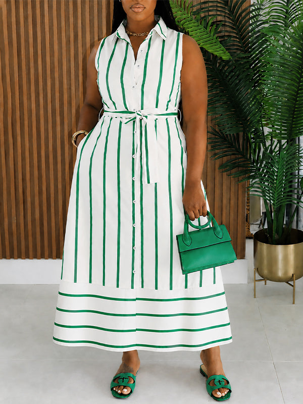 Stripe Tied Sleeveless Shirt Dress