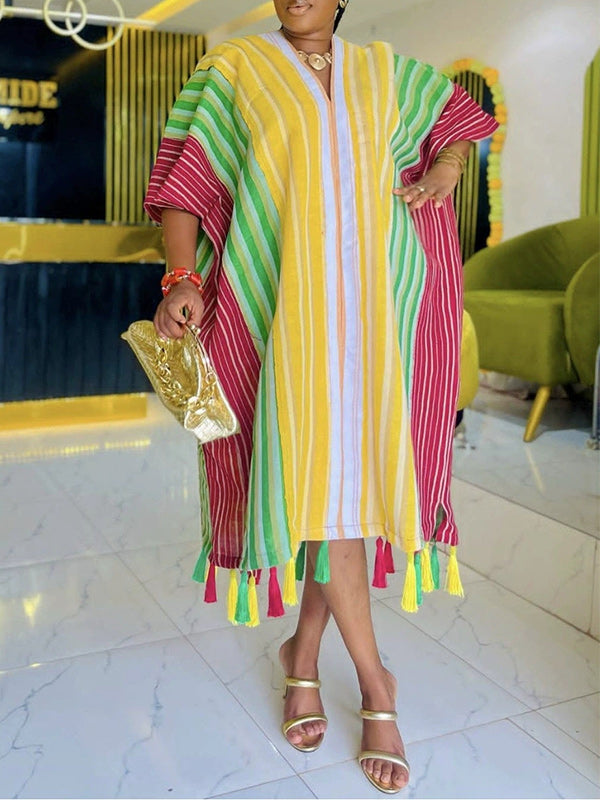 Stripe V-Neck Fringe Dress