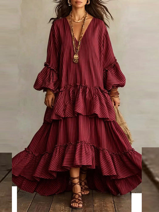 Stripe V-Neck Ruffle Dress