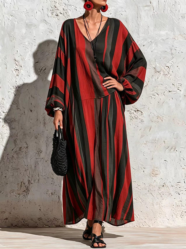 Stripe V-Neck Top & Wide-Leg Pants Set