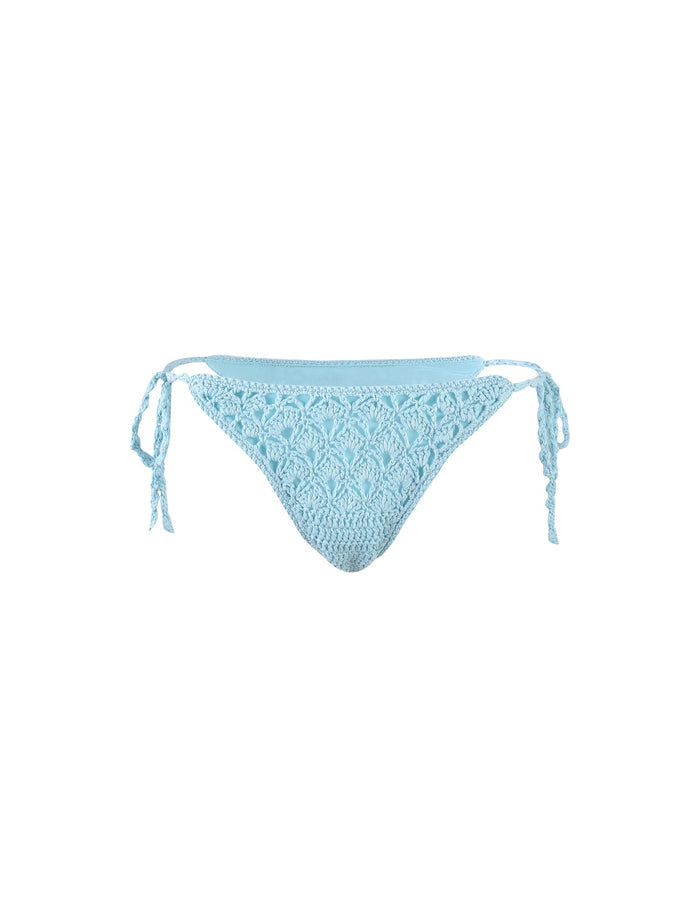 Light blue TIGERMIST SUNNIVA Bikini Bottoms - BLUE : BABY BLUE featuring a detailed, textured pattern. The bikini has adjustable tie sides for a customizable fit, and its intricate crochet design adds a unique, handcrafted look.
