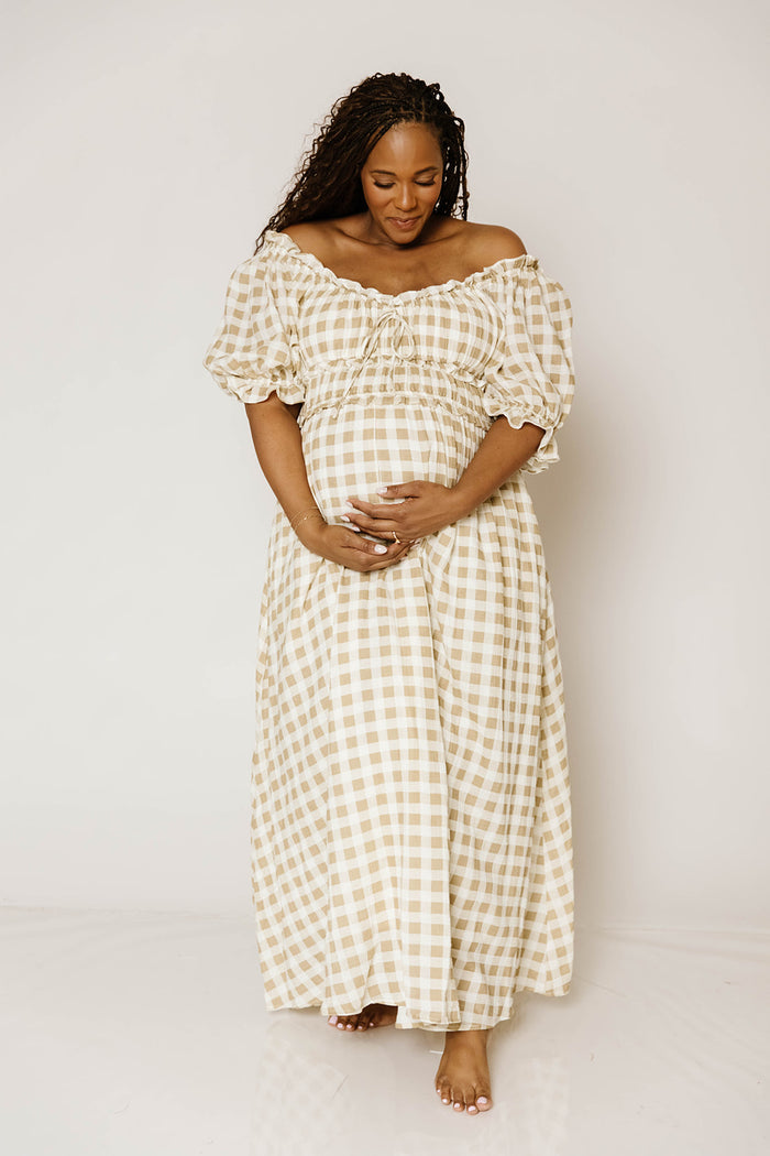 Sydnee Maxi Dress in Natural Gingham - Bump Friendly & Inclusive Sizing *9/16 PRE-ORDER*
