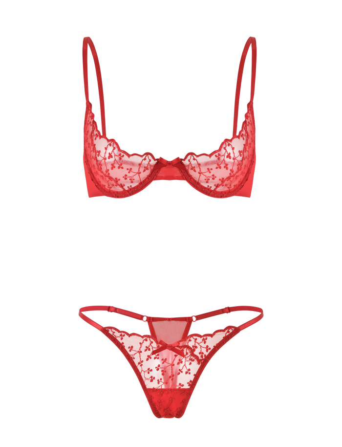 The TIGERMIST TALIYAH SET - RED includes a red bra and g-string with underwire cups, adjustable straps, and sheer embroidered mesh floral lace for a delicate, sultry look.