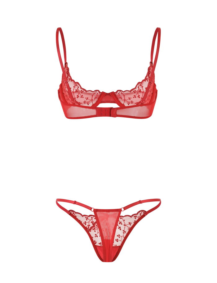 The TALIYAH SET - RED by TIGERMIST features a sheer underwire red bra and matching g-string in floral embroidered mesh, both shown flat on a plain background.