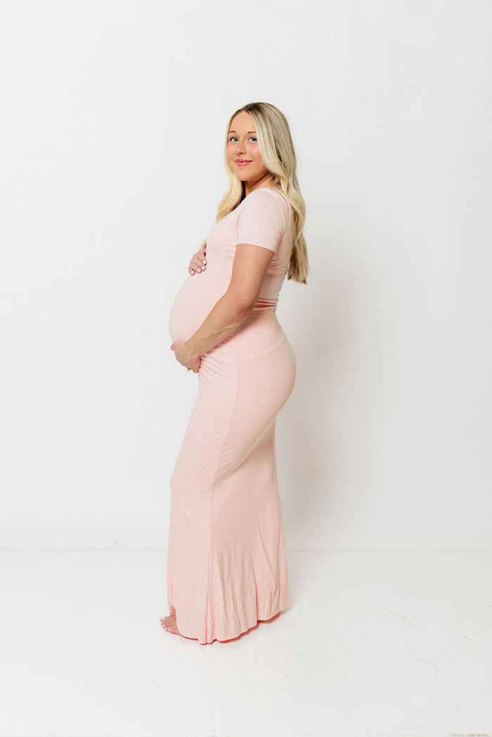 The Charlie Ribbed Maxi Dress in Baby Pink - Bump Friendly