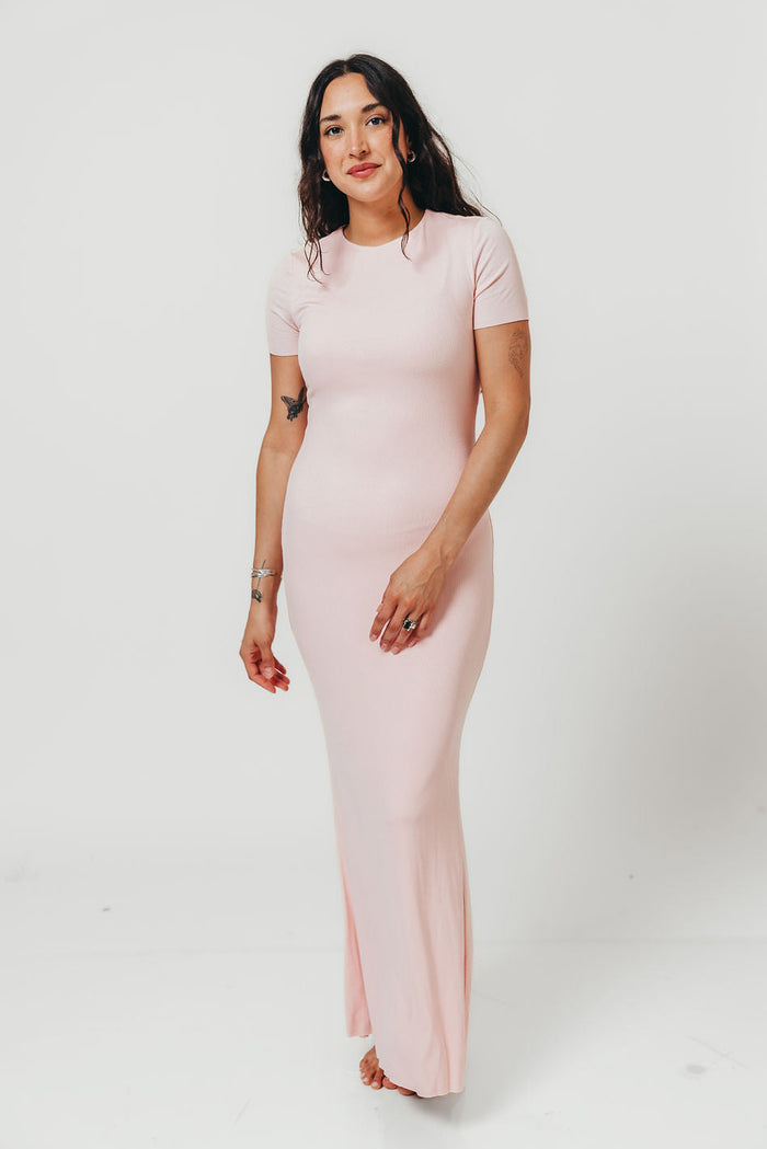 The Charlie Ribbed Maxi Dress in Baby Pink - Bump Friendly