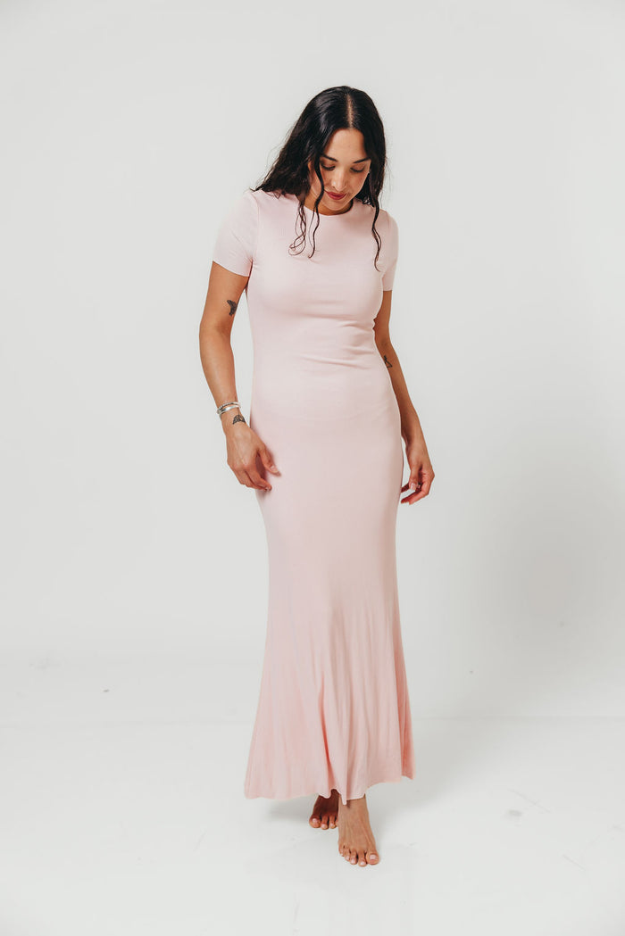 The Charlie Ribbed Maxi Dress in Baby Pink - Bump Friendly