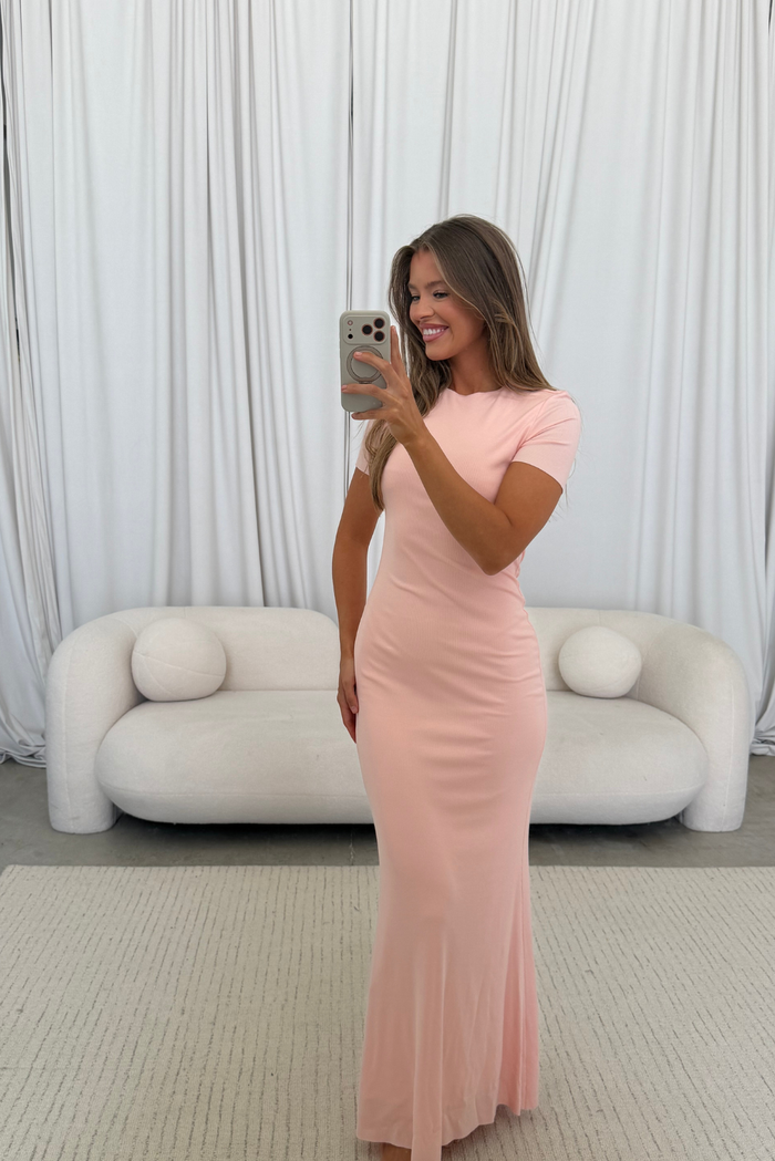 The Charlie Ribbed Maxi Dress in Baby Pink - Bump Friendly