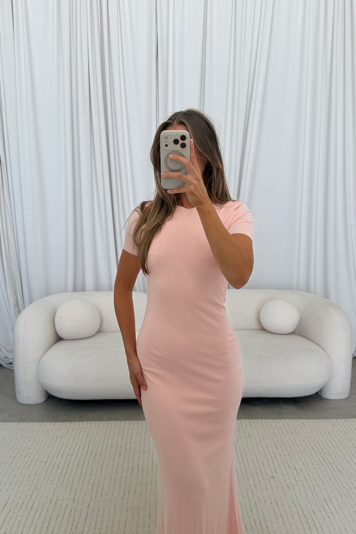 The Charlie Ribbed Maxi Dress in Baby Pink - Bump Friendly