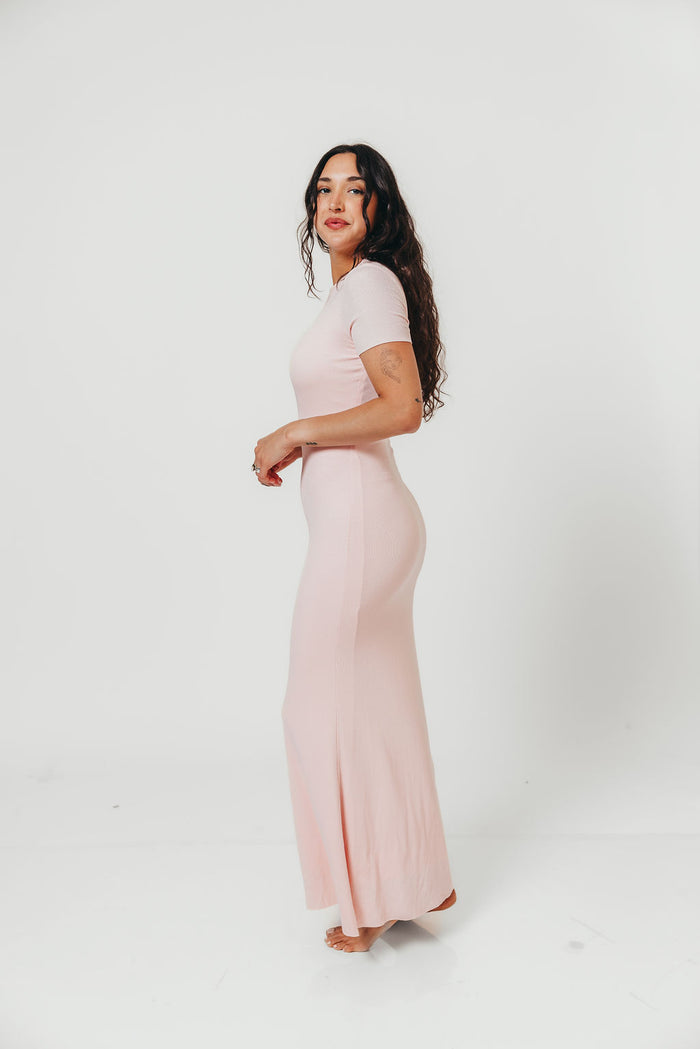 The Charlie Ribbed Maxi Dress in Baby Pink - Bump Friendly