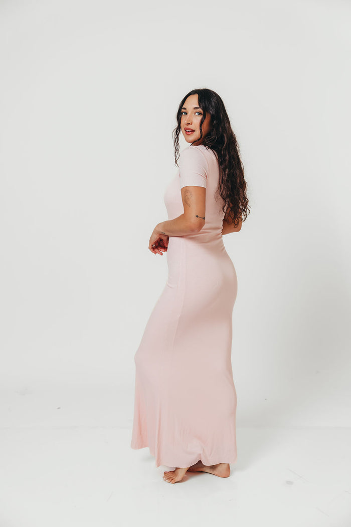 The Charlie Ribbed Maxi Dress in Baby Pink - Bump Friendly