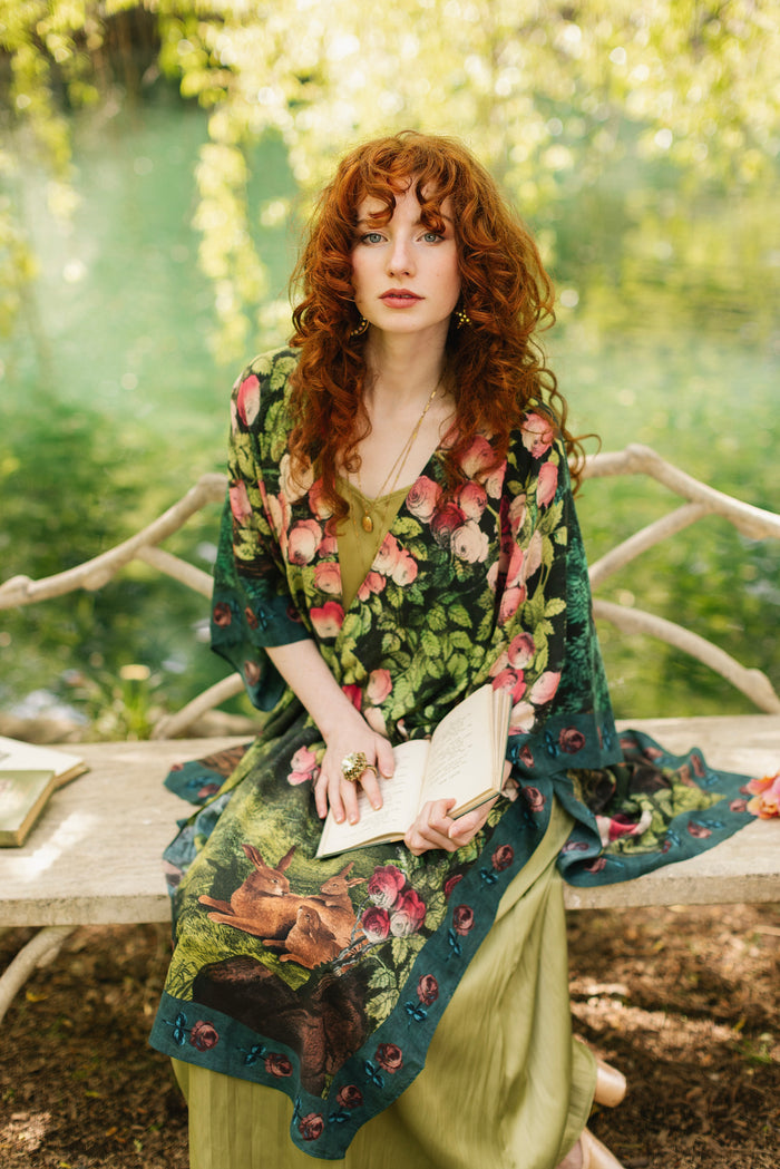 Model wearing a flowy duster ft. hand-coloured etching from the 1880s called The Bower of Roses - Market of Stars