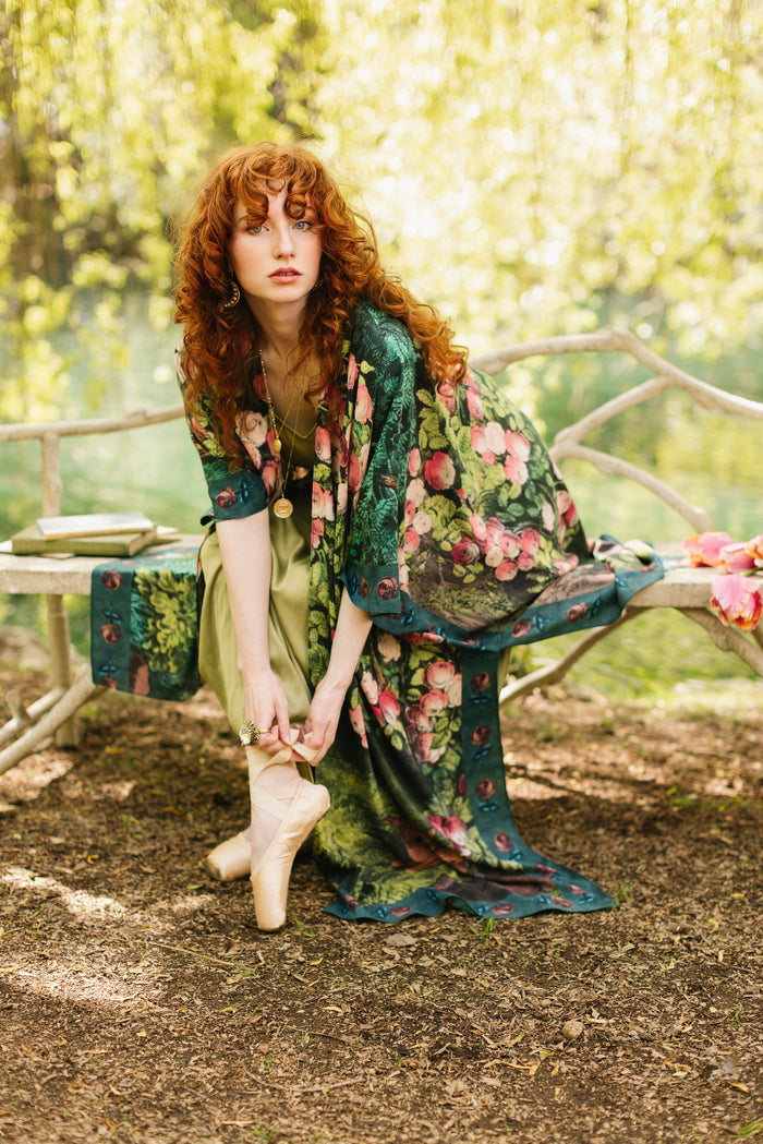 Model wearing a flowy duster ft. hand-coloured etching from the 1880s called The Bower of Roses - Market of Stars