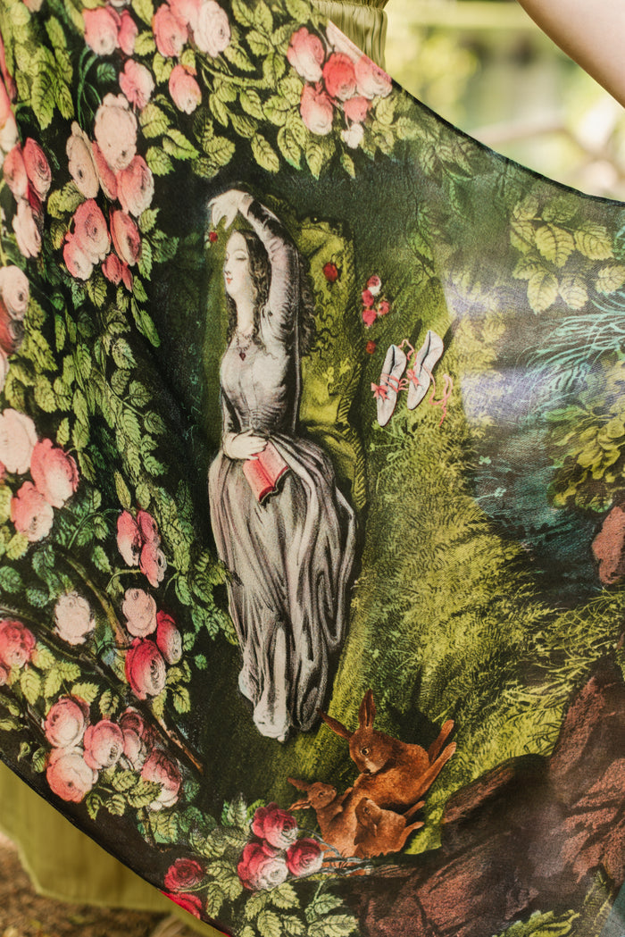 Model wearing a bamboo-viscose scarf ft. hand-coloured etching from the 1880s called The Bower of Roses - Market of Stars