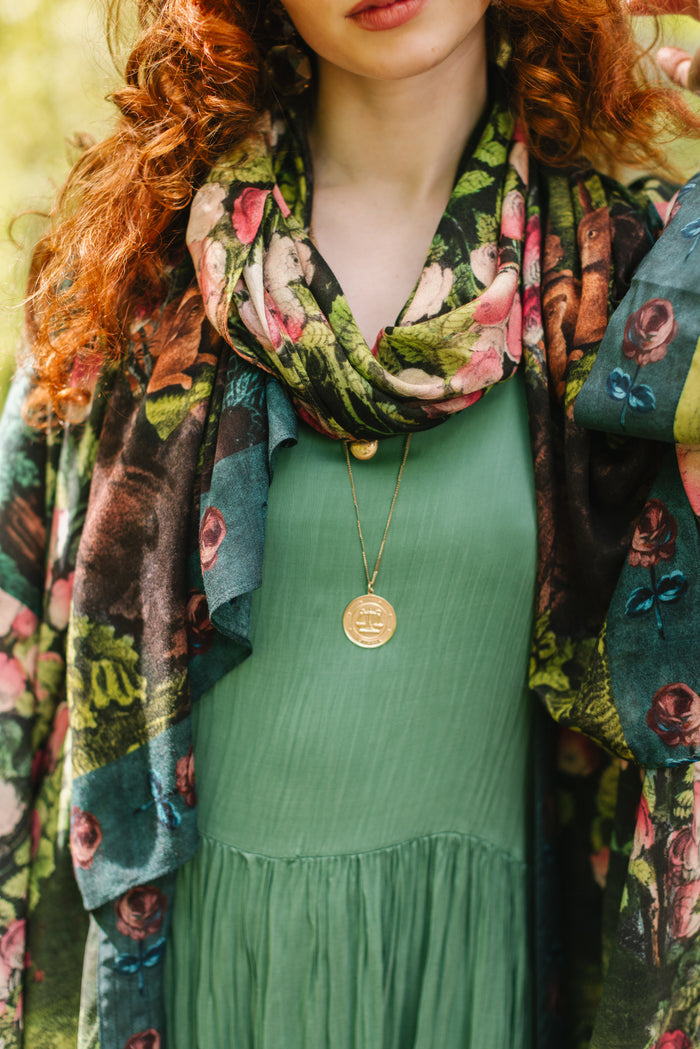 Model wearing a bamboo-viscose scarf ft. hand-coloured etching from the 1880s called The Bower of Roses - Market of Stars