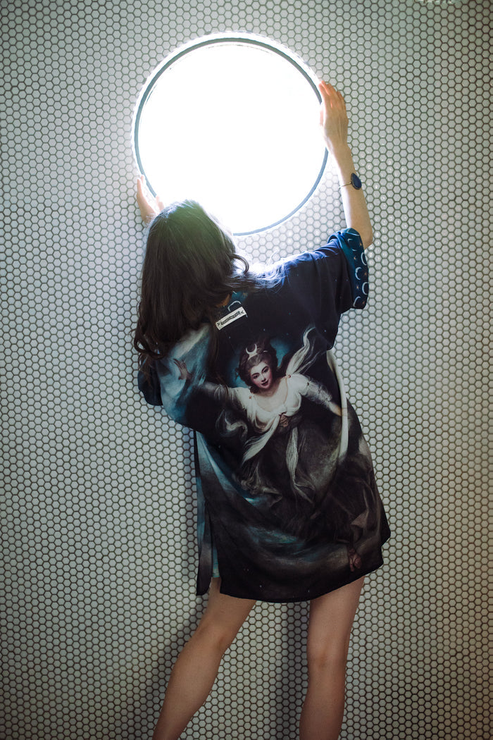 The Dreamer kimono jacket featuring a celestial Moon Goddess portrait with swirling sky detail and starry trim – Market of Stars