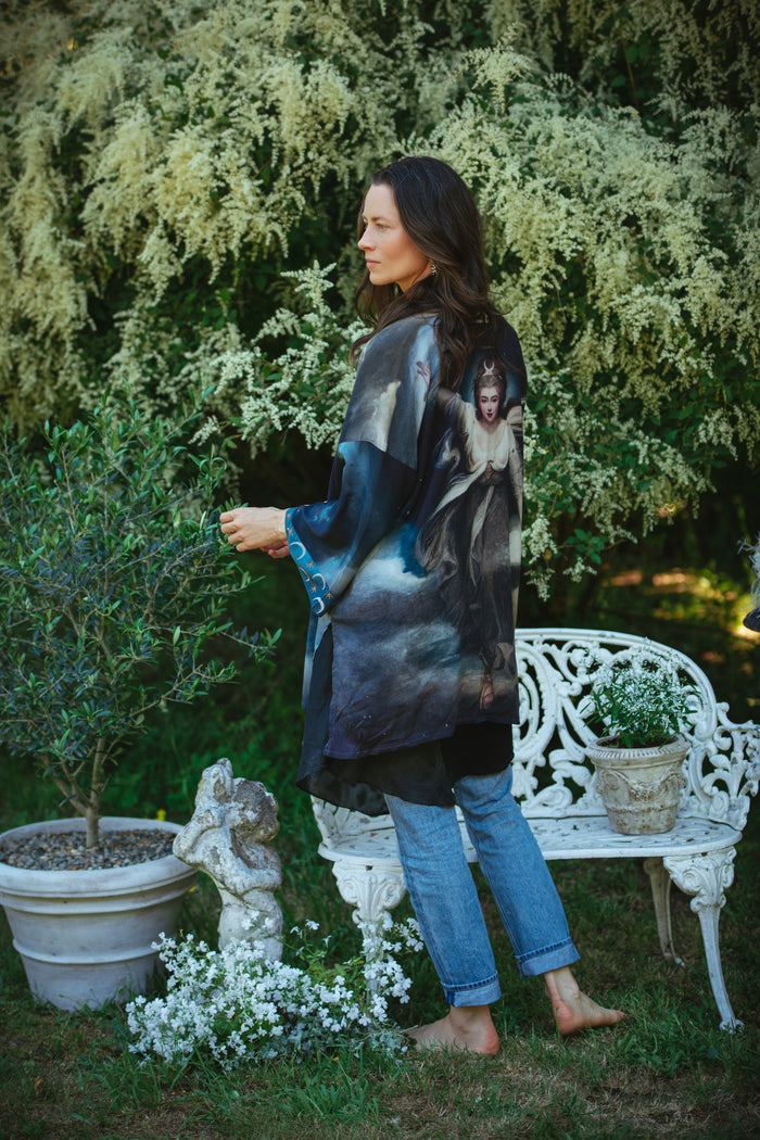 The Dreamer kimono jacket featuring a celestial Moon Goddess portrait with swirling sky detail and starry trim – Market of Stars