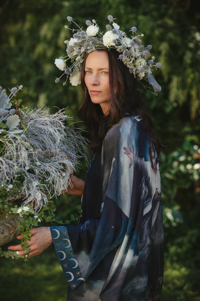 The Dreamer kimono jacket featuring a celestial Moon Goddess portrait with swirling sky detail and starry trim – Market of Stars