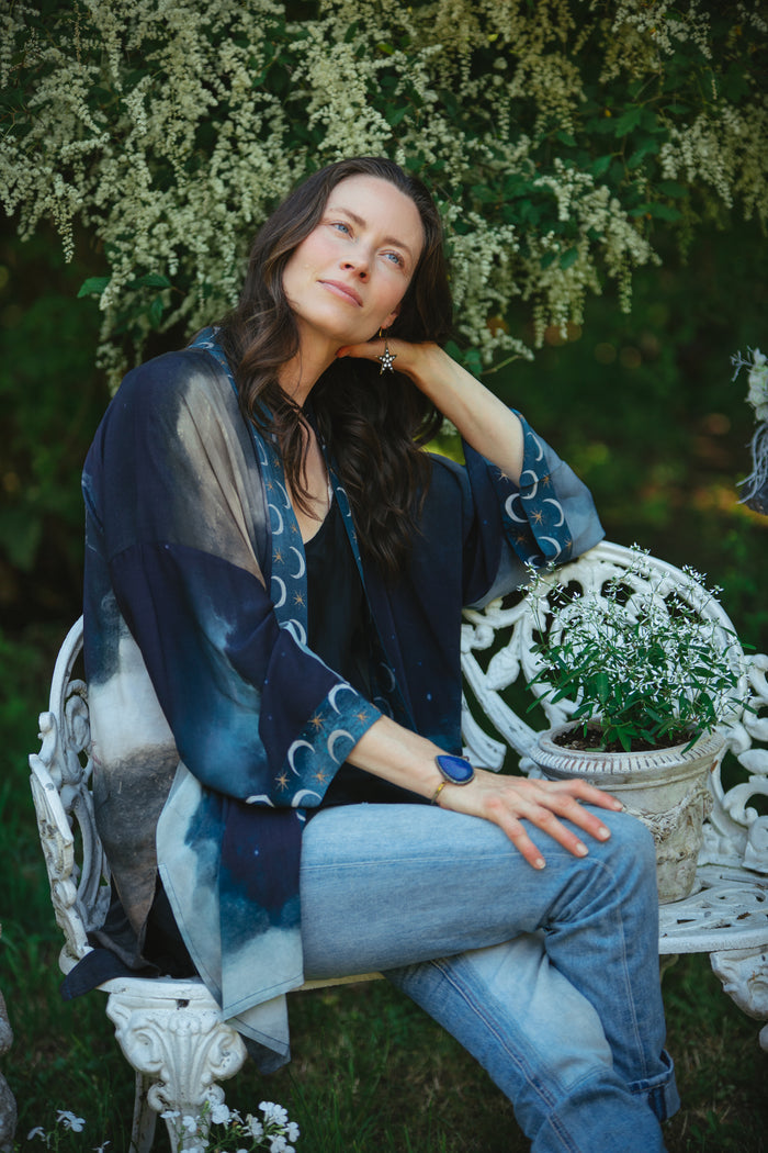 The Dreamer kimono jacket featuring a celestial Moon Goddess portrait with swirling sky detail and starry trim – Market of Stars