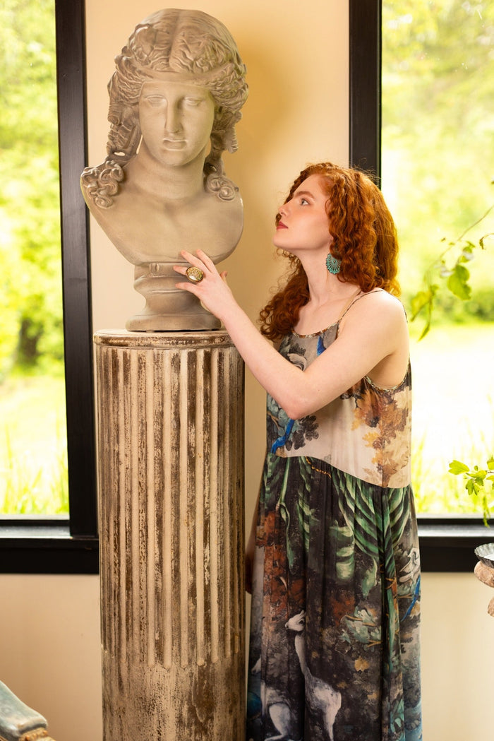 Model wearing our Theatre of Dreams Slip Dress featuring whimsical deer and birds from Jennifer Lanne’s romantic paintings – Market of Stars