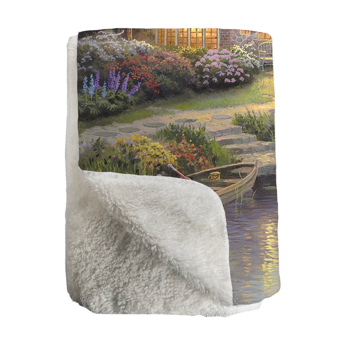 Thomas Kinkade Sunset on Lamplight Lane Sherpa Throw Blanket