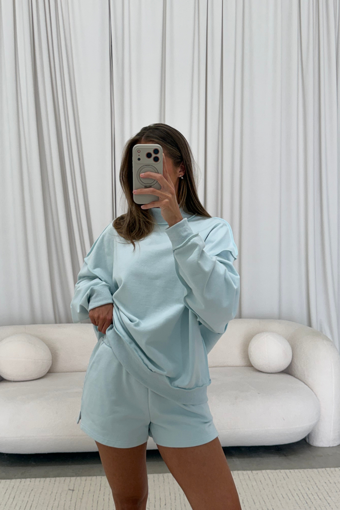 Tillie Relaxed Mock Neck Pullover and Shorts Set in Baby Blue