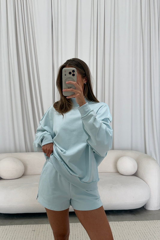 Tillie Relaxed Mock Neck Pullover and Shorts Set in Baby Blue