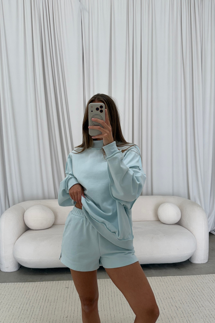 Tillie Relaxed Mock Neck Pullover and Shorts Set in Baby Blue