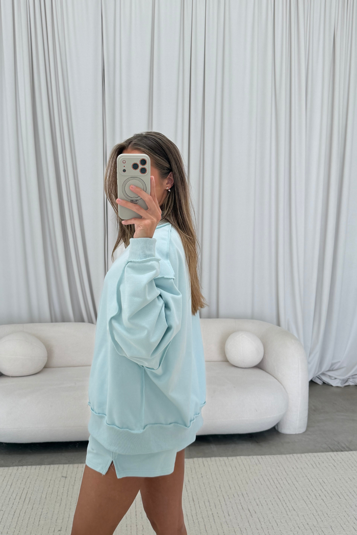 Tillie Relaxed Mock Neck Pullover and Shorts Set in Baby Blue