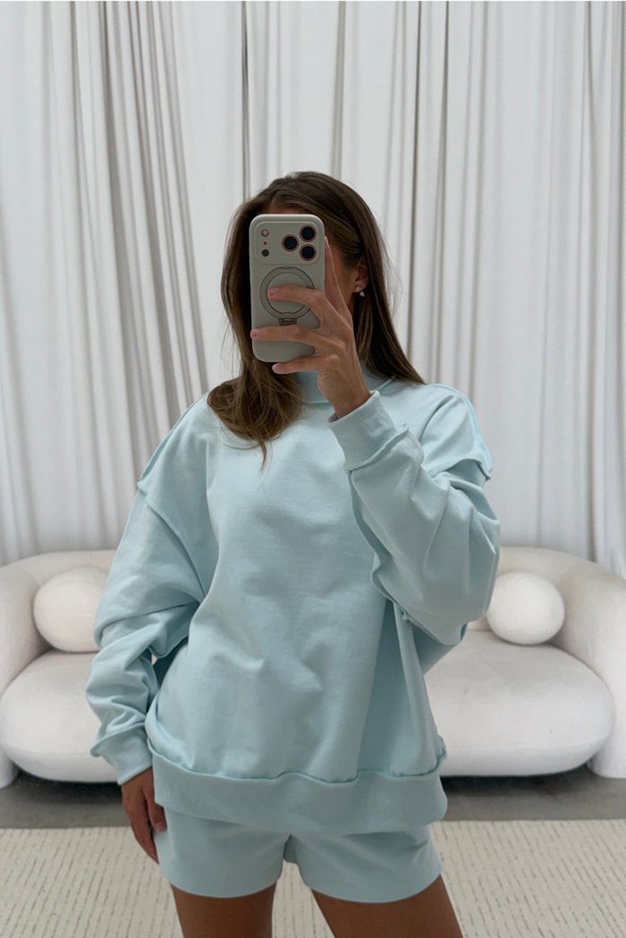 Tillie Relaxed Mock Neck Pullover and Shorts Set in Baby Blue