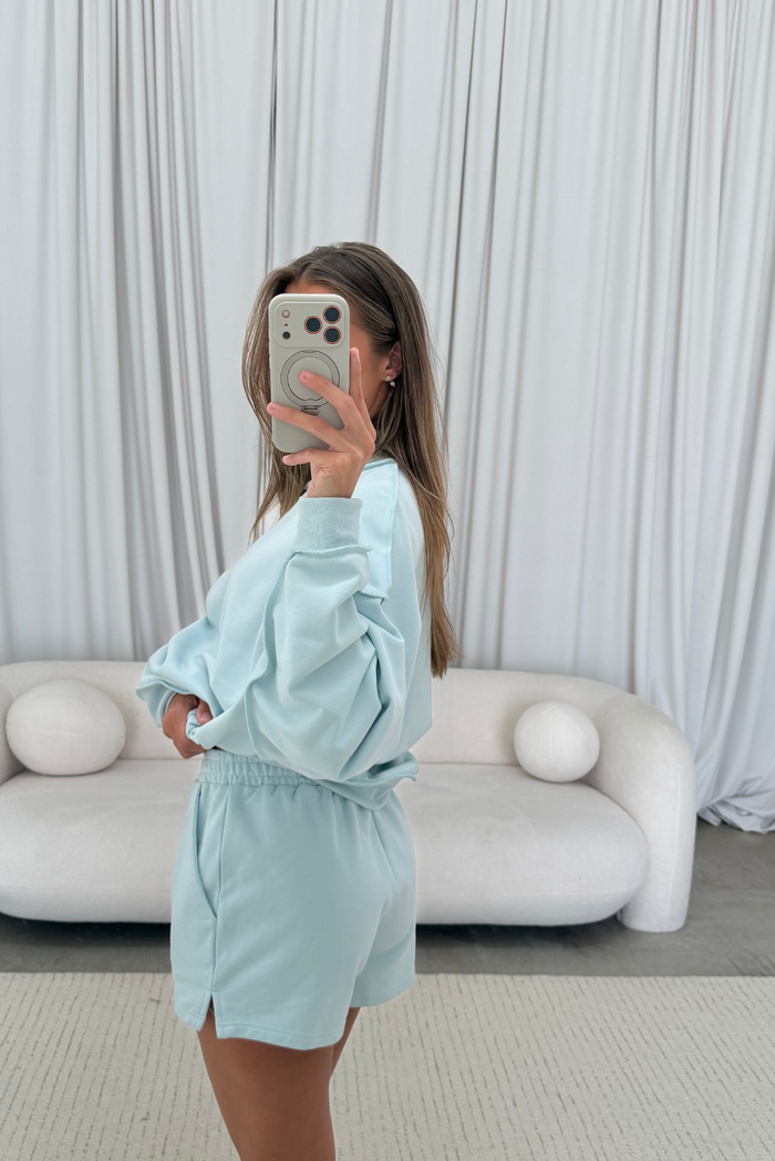 Tillie Relaxed Mock Neck Pullover and Shorts Set in Baby Blue