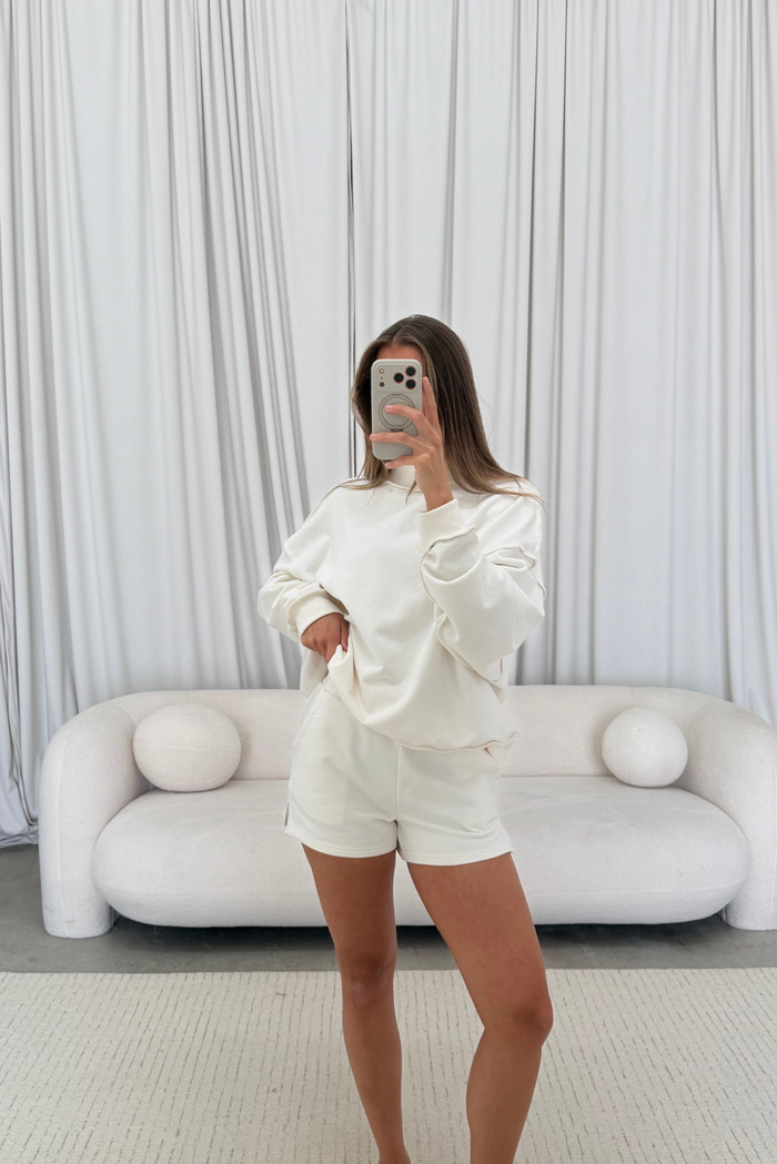 Tillie Relaxed Mock Neck Pullover and Shorts Set in Off-White