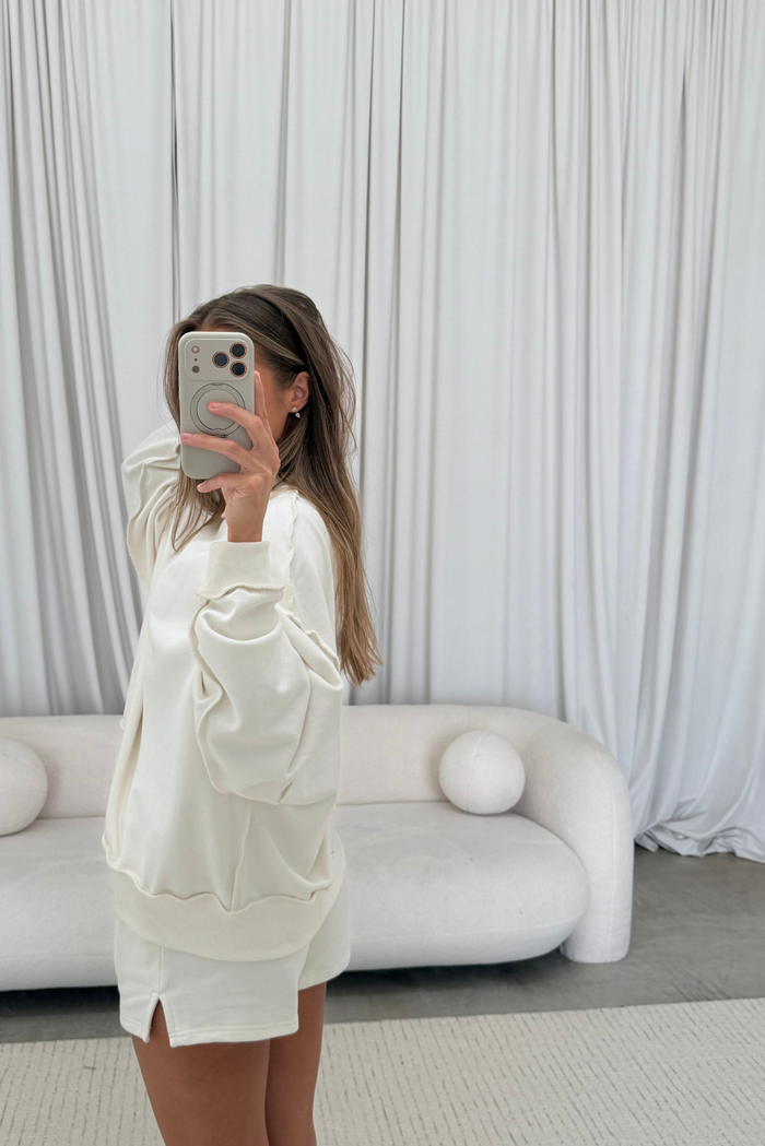 Tillie Relaxed Mock Neck Pullover and Shorts Set in Off-White